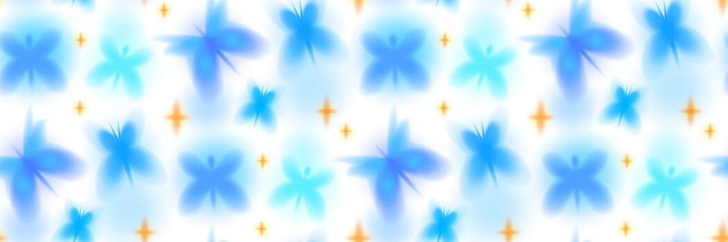 Seamless dreamy pattern with glowing blue butterflies and golden sparkles on a soft white background. Blurry gradient shapes, aesthetic backdrop design for wallpaper, print, fabric. vector