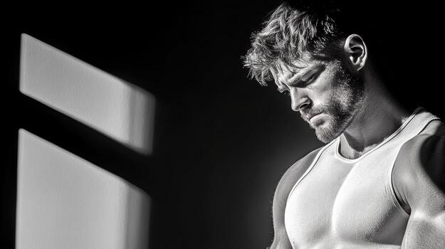 Strong man in sleeveless shirt, expressing subtle sorrow in soft shadows photo