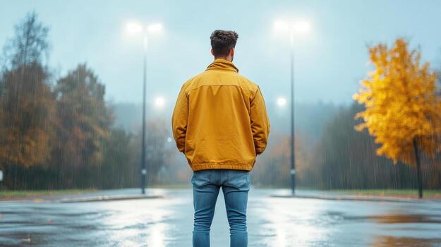 Man stands alone dim streetlights, surrounded by rain and autumn foliage, evoking sense photo