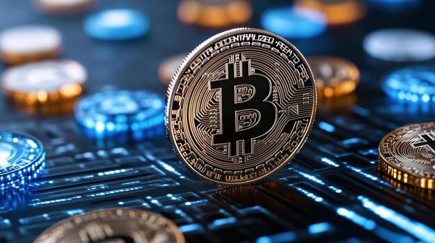 Digital currency coin, cryptocurrency, blockchain technology, financial investment photo