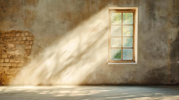 Sunlight streams through window, illuminating rustic wall in abandoned room photo