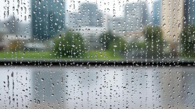 Raindrops sliding down glass create blurred view of cityscape, evoking serene atmosphere photo