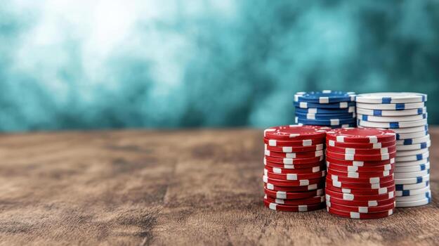 Stacks of red and blue poker chips on wooden table create inviting atmosphere for gaming photo