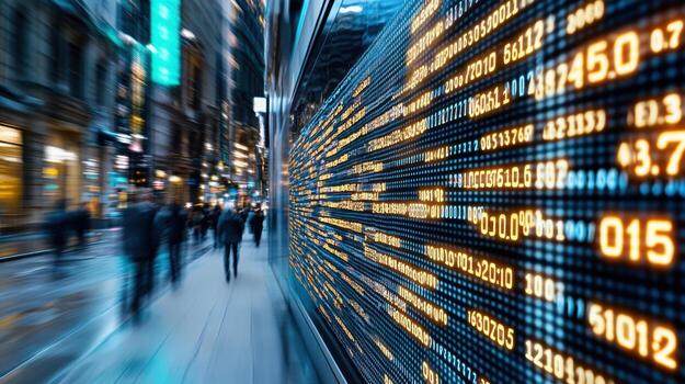 Digital screen displays financial data bustling urban environment, showcasing vibrant numbers photo
