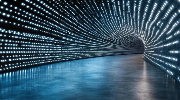 Glowing tunnel with bright lights creating mesmerizing effect, inviting exploration and wonder photo