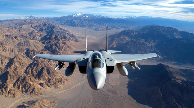 combatiente chorro volador terminado montañoso terreno, exhibiendo poder y precisión en cielo foto