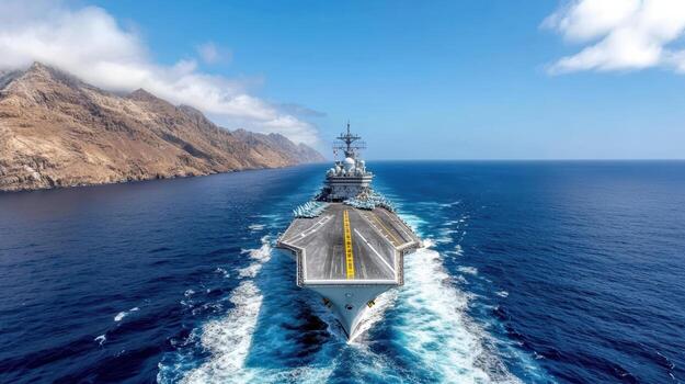 Aircraft carrier sailing through ocean waves with mountains background, showcasing naval power photo