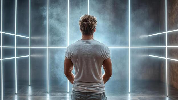 Person stands dimly lit space, surrounded by glowing lines of light, creating futuristic photo