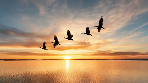 Flying birds across serene lake at sunset create tranquil scene photo