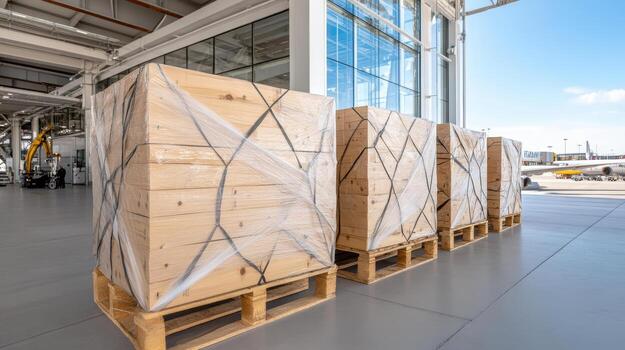 Wooden crates wrapped shrink film are neatly arranged spacious warehouse, showcasing modern photo