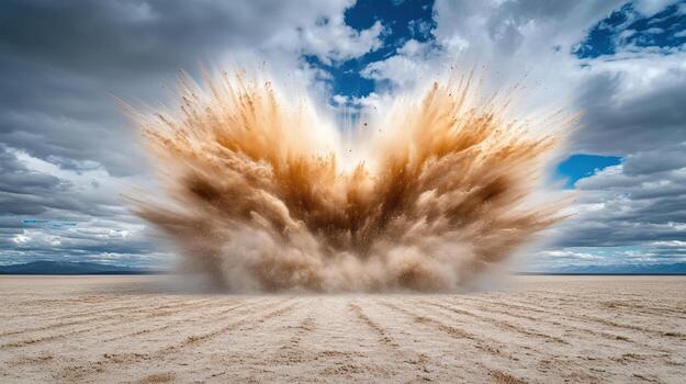 Explosive orange dust cloud rising dramatically against blue sky with clouds photo