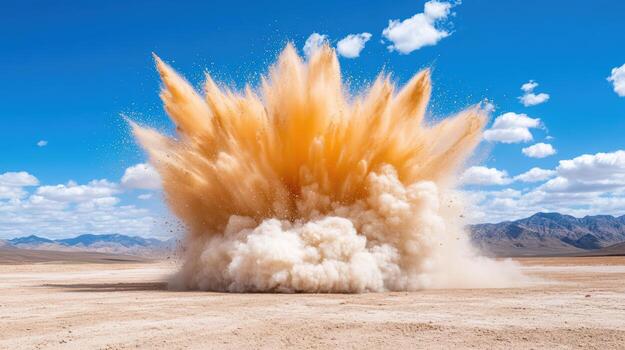 Bright orange explosion with dust and shockwave open desert landscape, showcasing power photo
