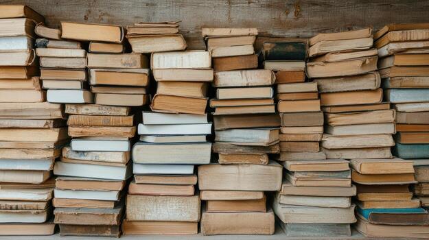 Old books stacked in rustic library, showcasing faded covers and worn pages, evoke nostalgia photo