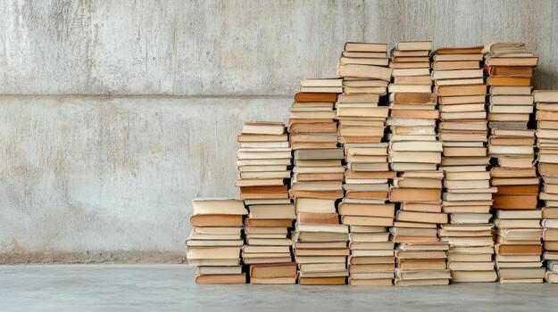 Stacked books create nostalgic atmosphere against textured wall, evoking sense of history photo