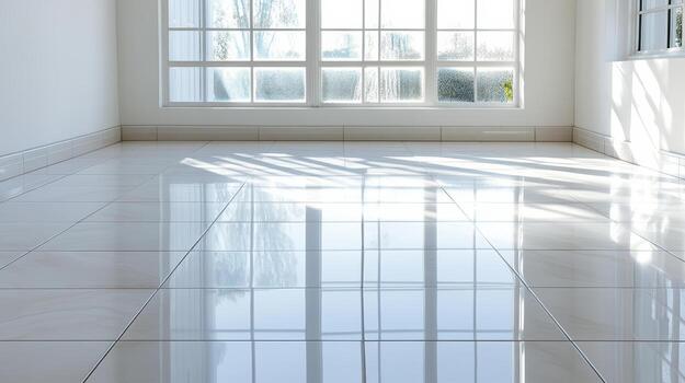 limpiar embaldosado piso reflejando suave luz de sol crea sereno atmósfera en espacioso habitación foto