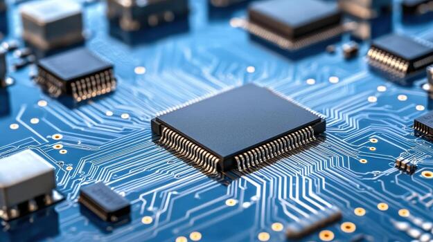 Close up of circuit board with microchips and electronic components, showcasing intricate photo
