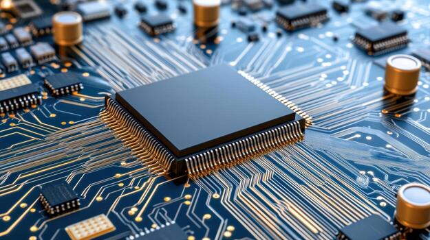 Close up of circuit board with microchip, showcasing intricate electronic connections photo