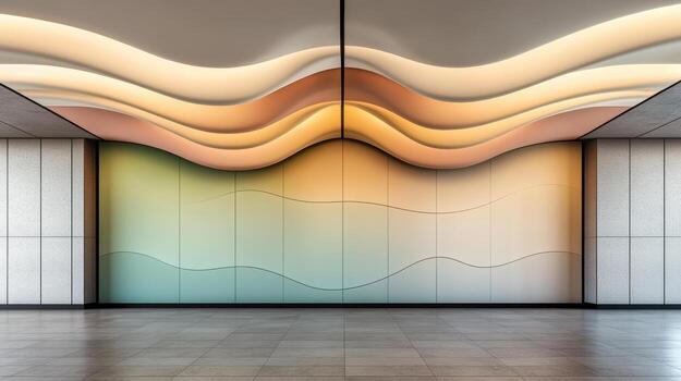 Dynamic ceiling design with colorful panels creating soothing light pattern photo