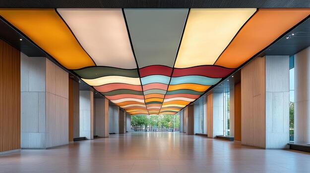 Colorful ceiling panels create dynamic light pattern in modern architectural space photo