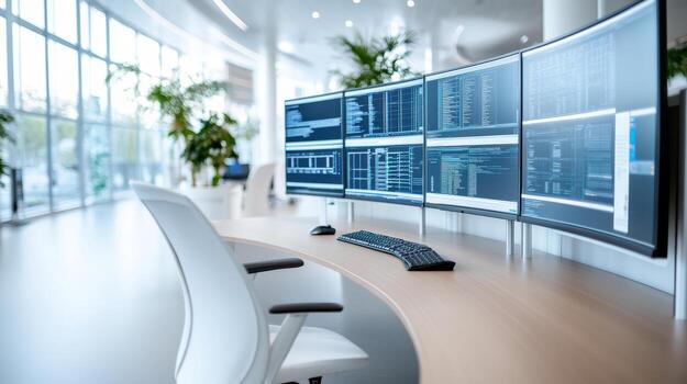 High tech workstation with multiple monitors displaying data and code, modern design photo