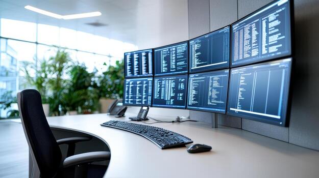 High tech control room with multiple monitors displaying data and code, surrounded by greenery photo