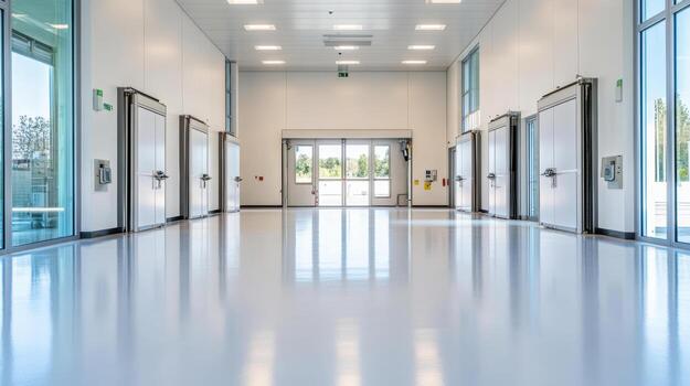 Modern containment doors line clean, spacious corridor, emphasizing safety and efficiency photo