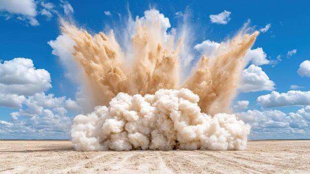Controlled explosion creates dramatic dust cloud against blue sky with fluffy clouds photo