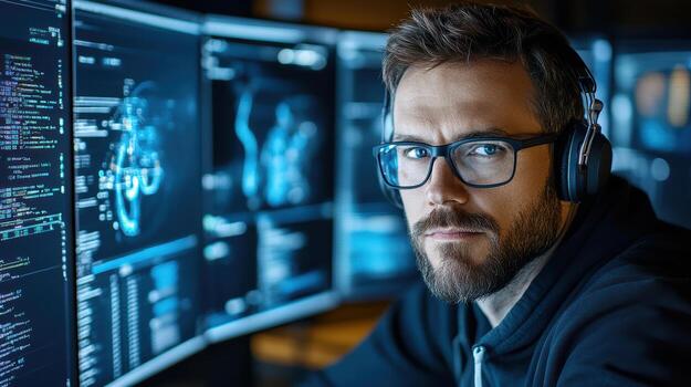 Focused programmer in modern workspace with multiple screens displaying code and data analysis photo