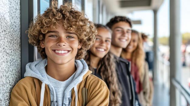 Smiling teens waiting in line at movie theater, showcasing excitement and friendship photo