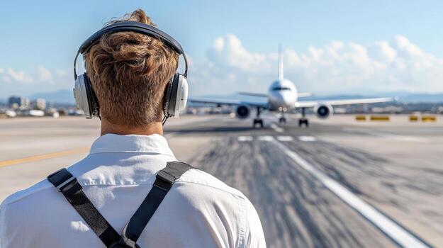 Air traffic controller observing aircraft approach on, focused and attentive photo