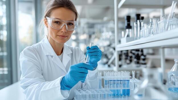 Laboratory technician conducting experiments with test tubes and solutions in modern lab photo