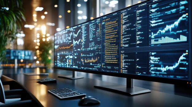 High tech workspace featuring multiple monitors displaying data analytics and graphs photo