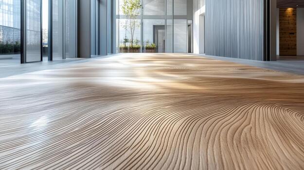Elegant wooden floor with intricate wave patterns, illuminated by natural light photo