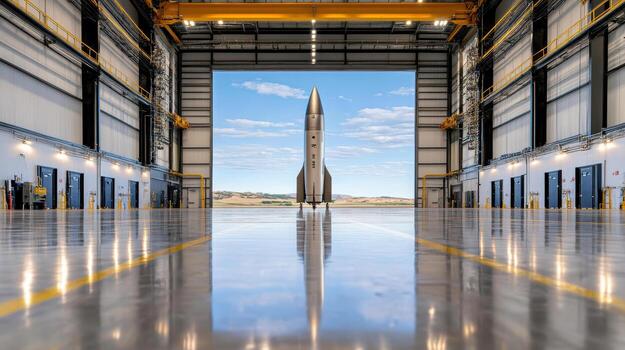 Sleek rocket stands ready for launch inside spacious hangar, reflecting on polished floor photo