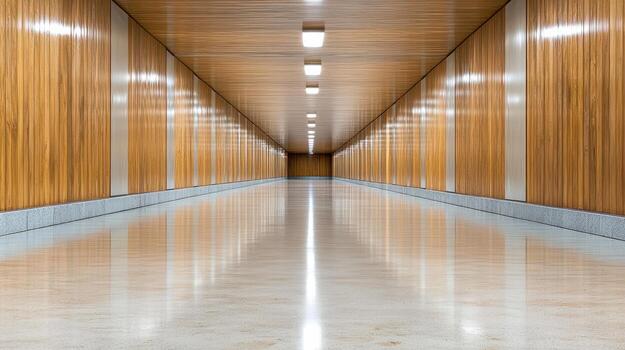 Long corridor with wooden paneling and polished floor, creating serene atmosphere photo