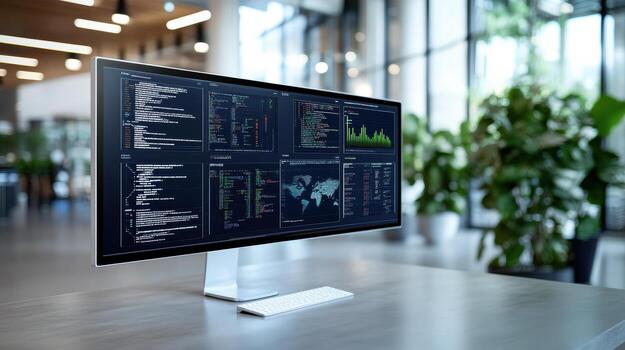 High tech monitor displaying data analytics, programming code, and visual graphs modern office photo