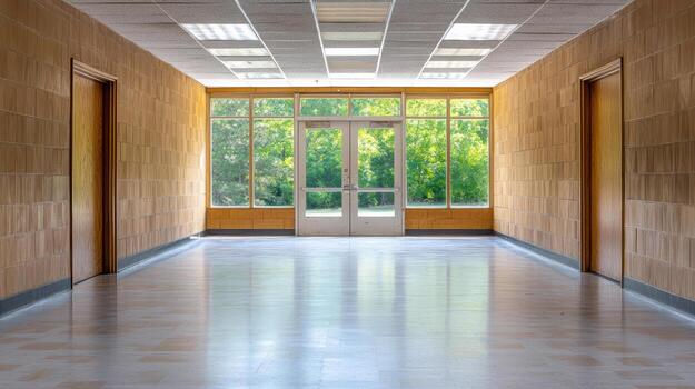 Bright corridor with large windows, showcasing greenery outside, creating serene atmosphere photo