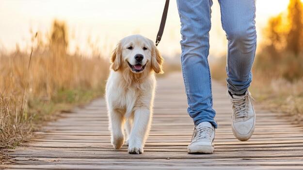 dorado perdiguero caminando en sendero con persona a atardecer, creando alegre atmósfera foto