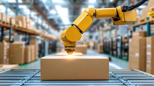 Automated robotic arm handling packages warehouse environment, showcasing efficiency photo