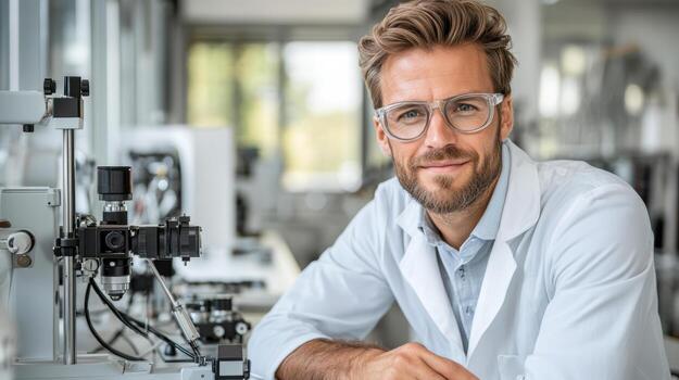 Laboratory technician smiling in modern lab, showcasing advanced equipment and technology photo