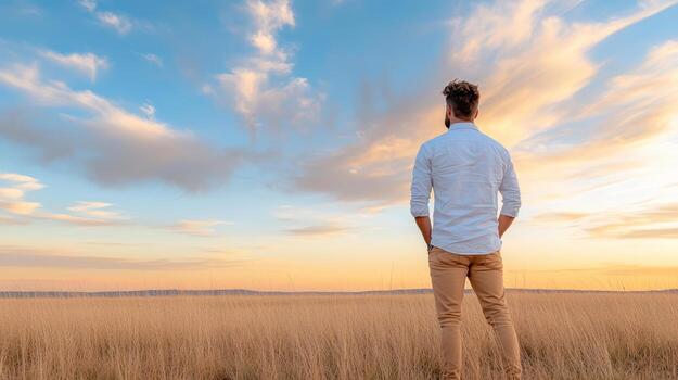 Man stands in open field, gazing at dramatic sky during sunset, feeling sense of wonder photo