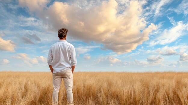 Man standing open field gazing dramatic sky filled with clouds. scene evokes sense of wonder photo