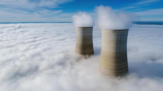 Massive concrete cooling towers rise above sea of fog, creating striking contrast against blue photo