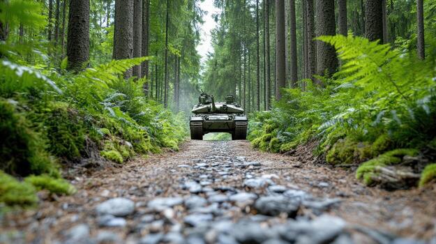 Camouflaged tank hidden under forest canopy, surrounded by lush greenery and ferns photo