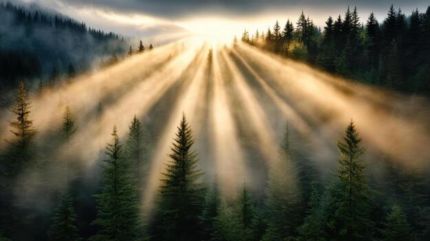 Golden light breaks through fog in serene forest, creating tranquil atmosphere photo