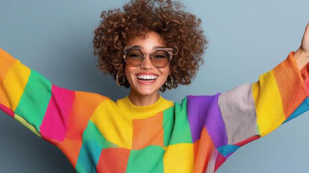 Joyful model wearing colorful oversized sweater, smiling brightly against blue background photo