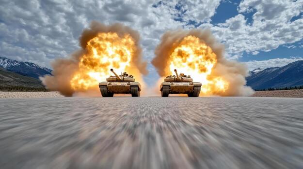 Explosive military tanks firing synchronized artillery barrage, showcasing power and precision photo