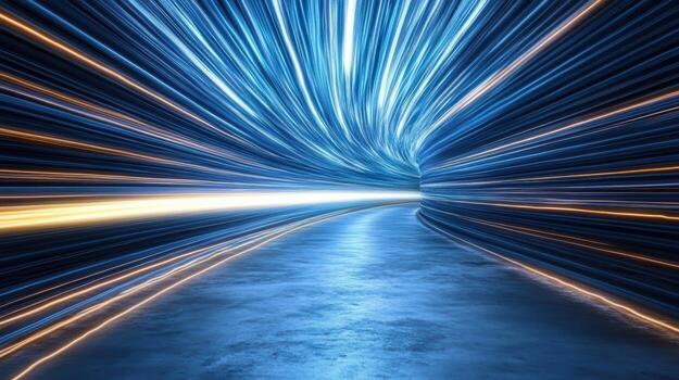 Vibrant light trails create dynamic sense of motion futuristic tunnel. glowing lines evoke photo