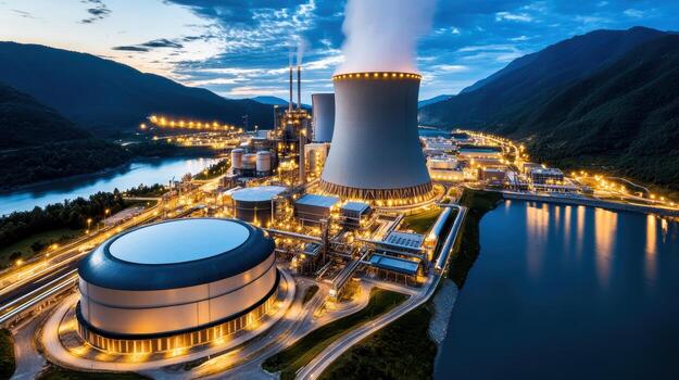 Large nuclear complex at night with illuminated structures and surrounding landscape photo
