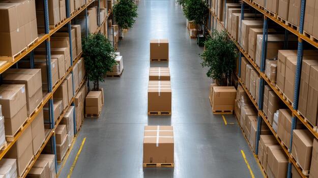 eficiente almacén diseño con apilado cajas y verdor crea productivo atmósfera foto